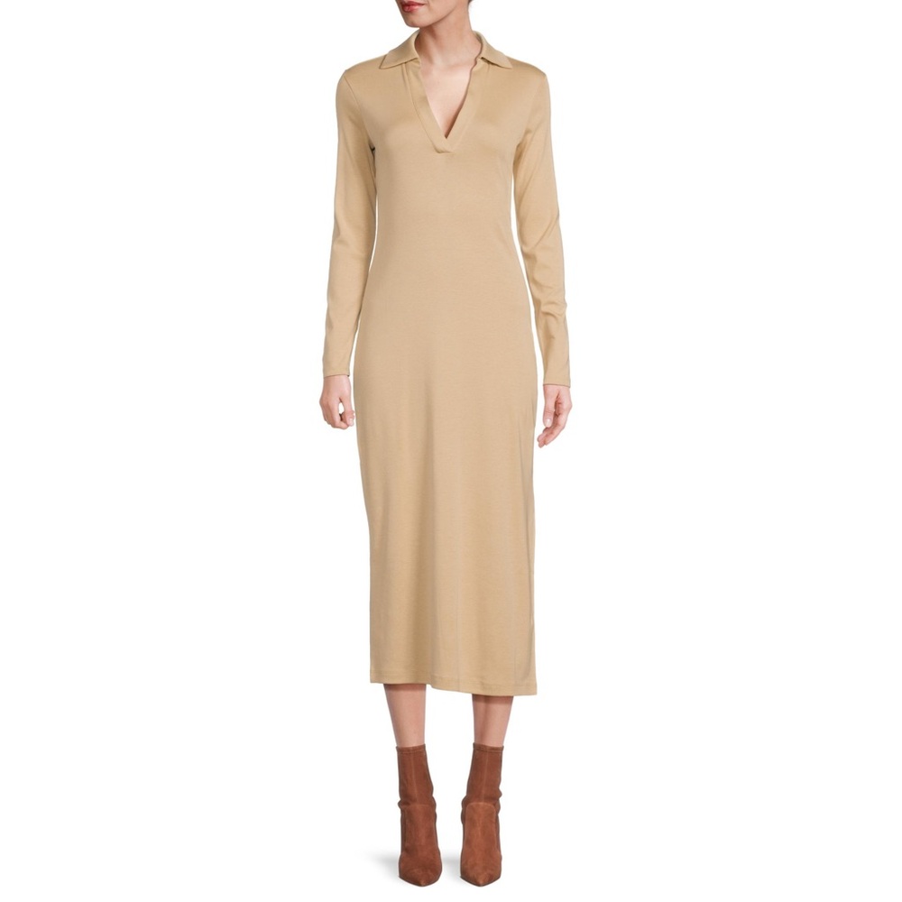 VINCE Pima Cotton Johnny Collar Tan Midi Dress Long Sleeve V-neck Tan Brown L